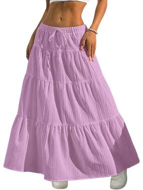 Women's Boho Flowy Purple Maxi Skirt Flared Ruffle A Line Spring Long Skirts